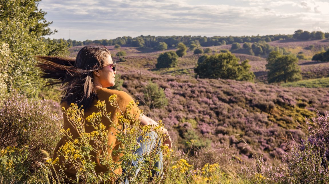 Girl sitting in grasfield looking at Nationalpark Veluwezoom Girl sitting in grasfield looking at Nationalpark Veluwezoom